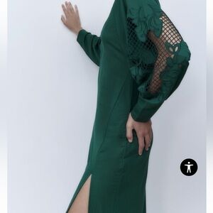 ZARA OPEN CROCHET LACE LONG SLEEVE MAXI DRESS FOREST GREEN MEDIUM NWT